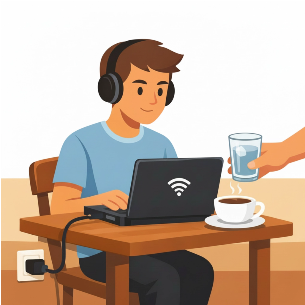 Person working comfortably on a laptop in a cafe